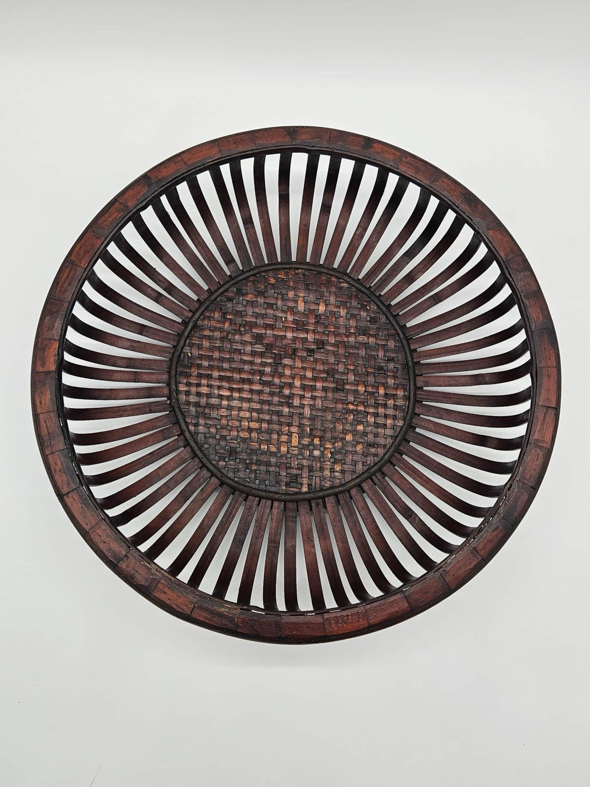 VTG Rattan Woven Basket Trim Slanted Wood Mid Century Modern Oval Hanging Art