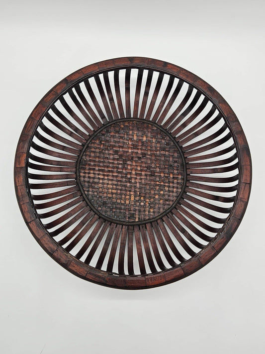 VTG Rattan Woven Basket Trim Slanted Wood Mid Century Modern Oval Hanging Art