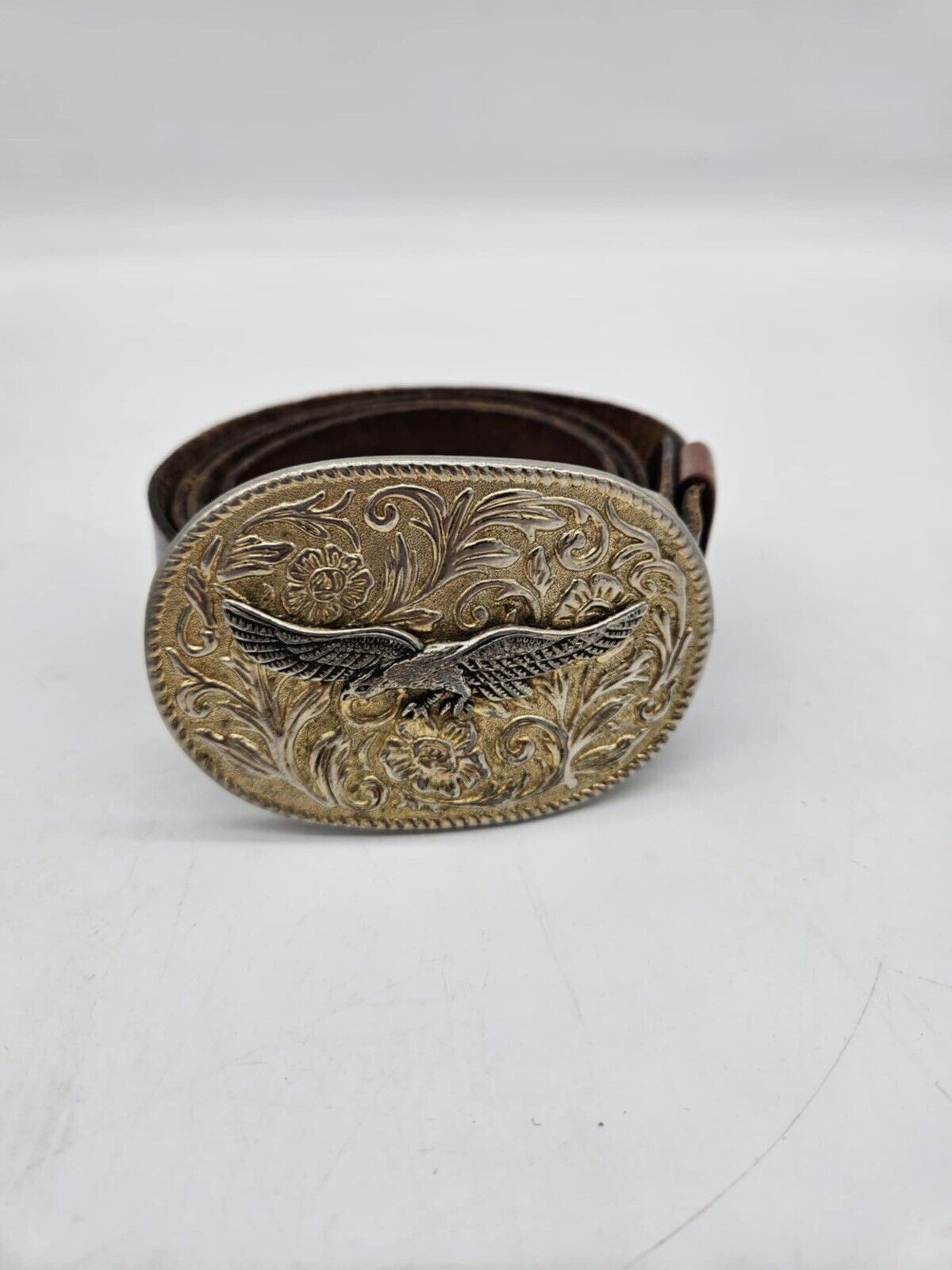Vintage Eagle Leather Belt with Gold Metal Eagle Buckle, 1970s Era