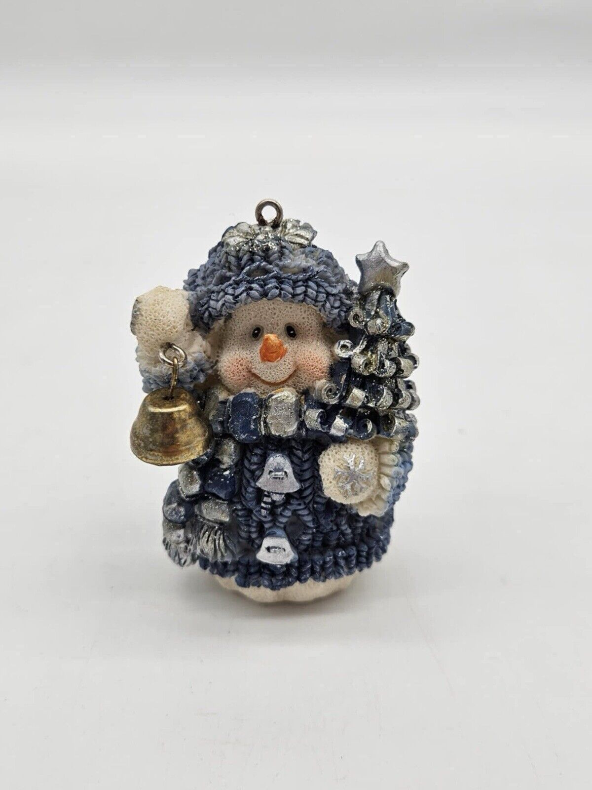 Snowman Christmas Ornament Figurine Holding Christmas Tree & Bell