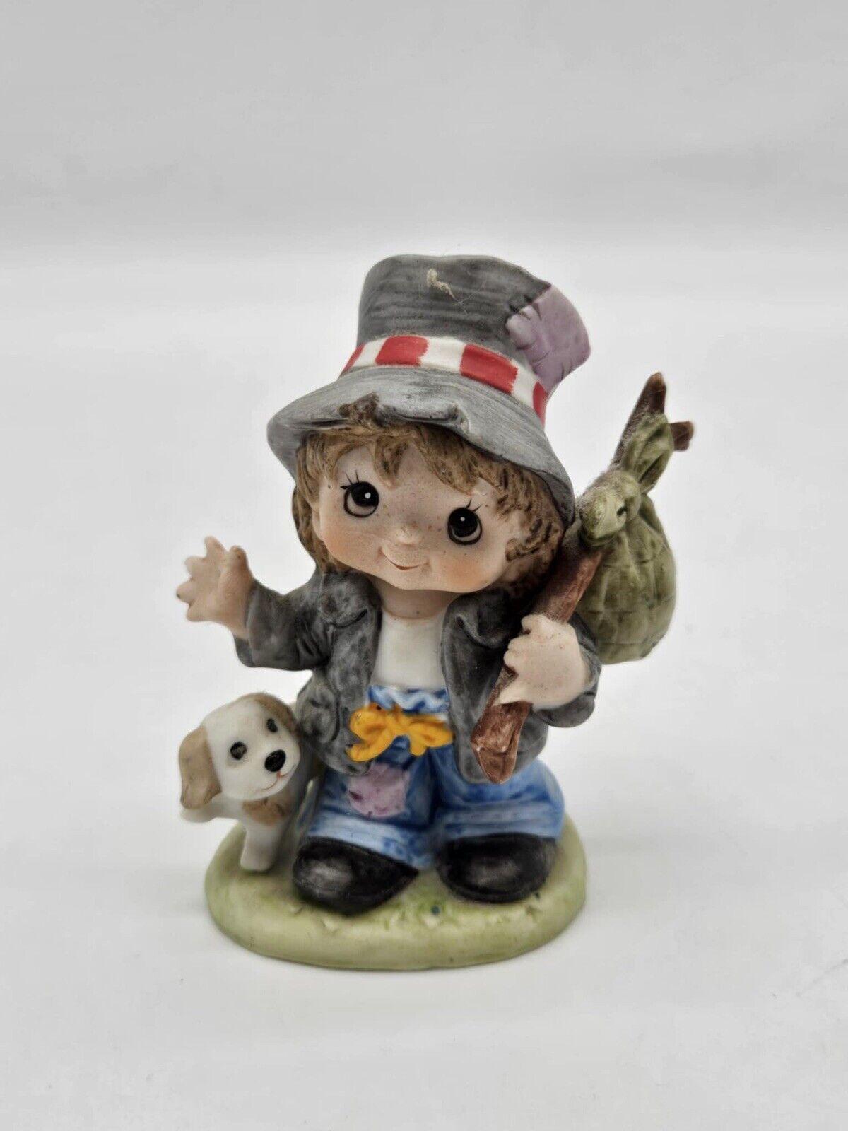Vintage Homco Hobo Boy With Dog Figurine Denim Big Hat Hobo Sack 4th of July dec