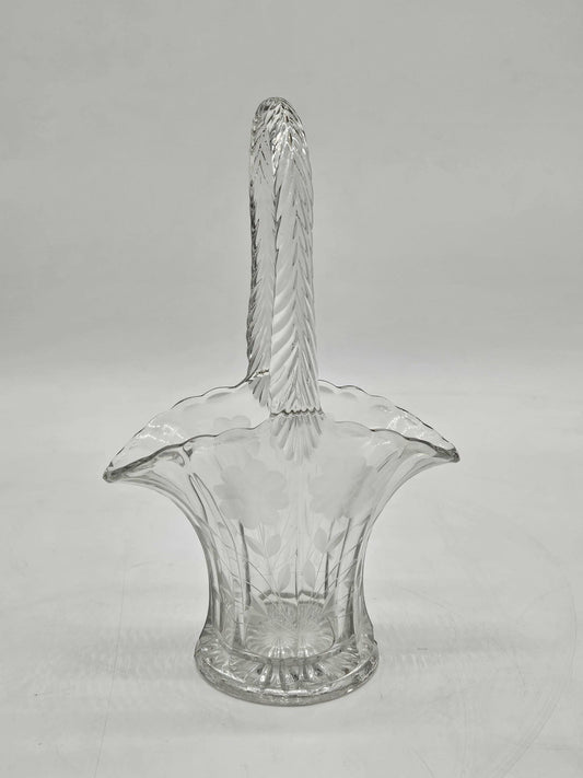Vintage Clear Pressed Glass Basket with Etched Flowers