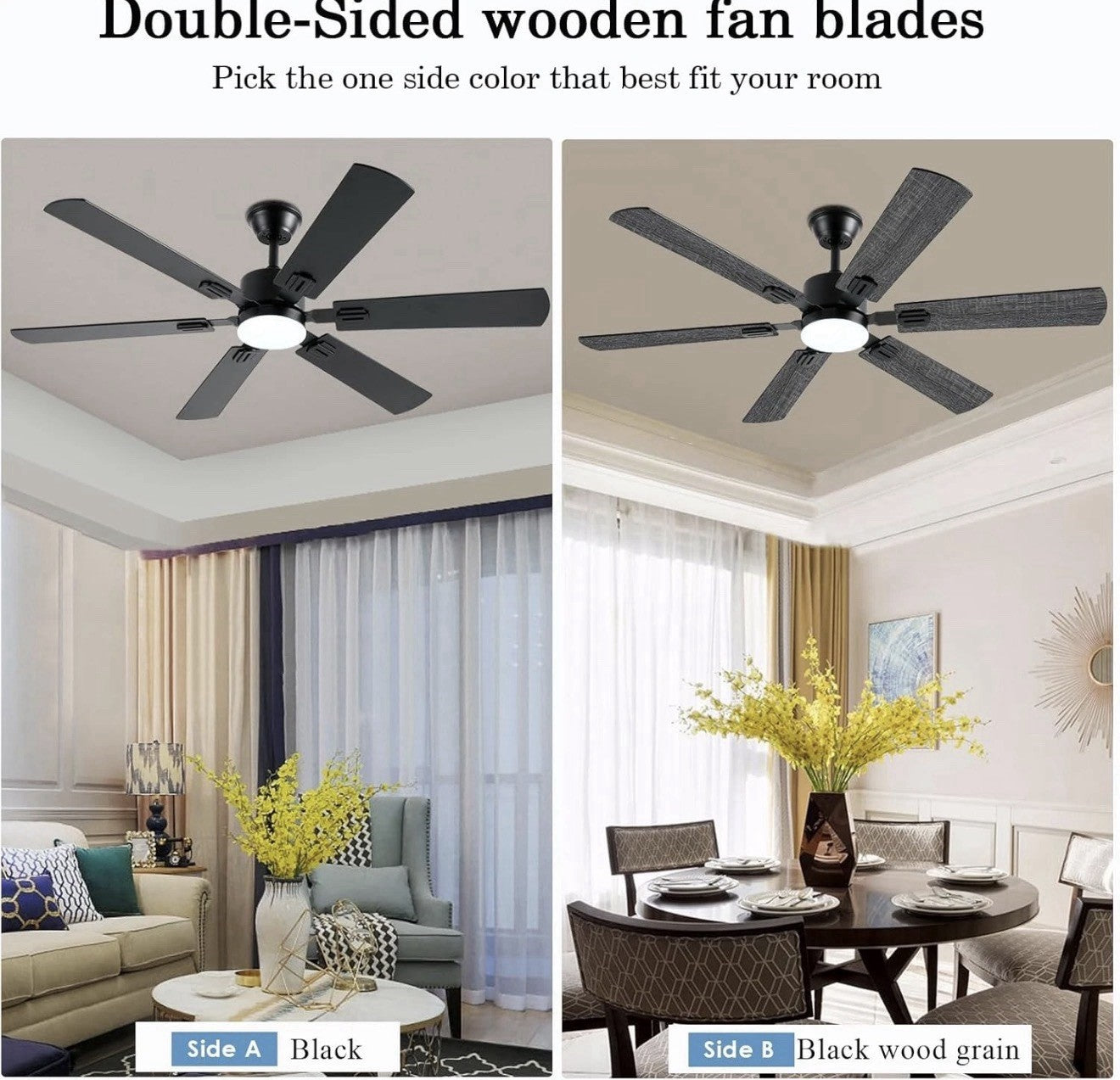 56Inch Black Ceiling Fans with Lights and Remote/App Control, Dimmable LED, Reve