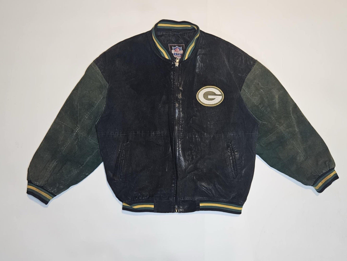 GREEN BAY PACKERS NFL BRAND FULLY STITCHED ZIP SUEDE LEATHER JACKET- XL RARE