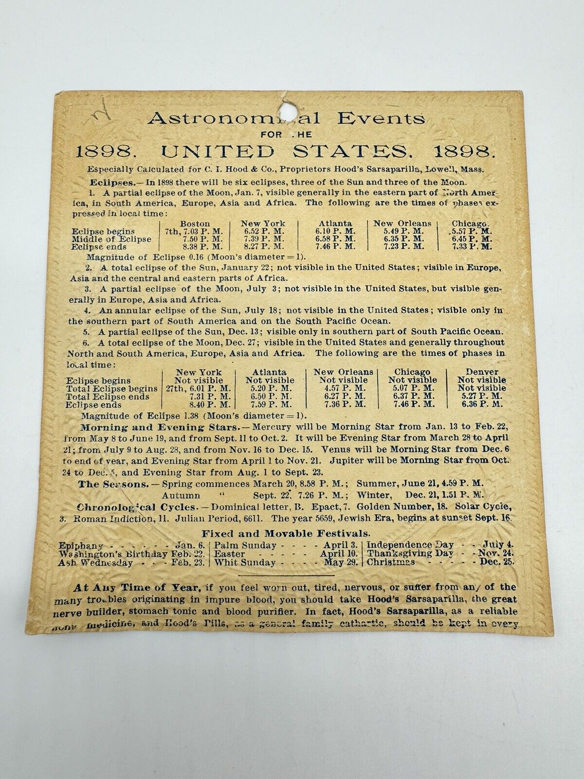 Antique 1898 Hood's Sarsaparilla Advertising Calendar VTG