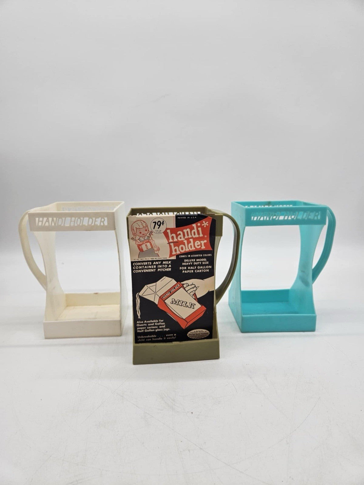 3 Vintage Plastic Elvo HANDI HOLDER  1/2 Gal Milk Carton Carrier Juice ~ 1 NEW