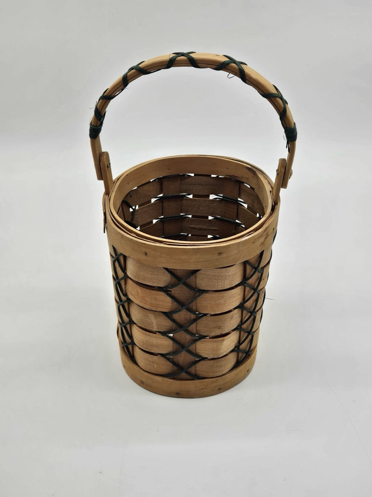 Longaberger Style Wooden Splint Basket w Swing Handle Farmhouse Decor