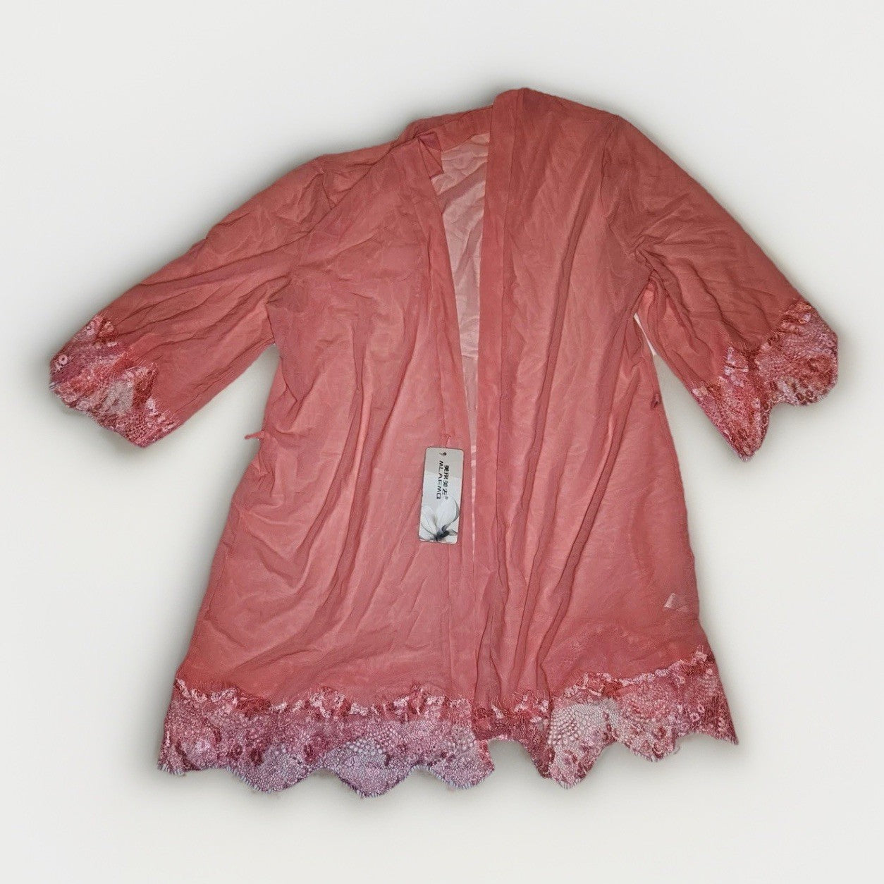 NWT Coral Pink Lace Trim Kimono Robe, 3/4 Sleeve, Lightweight Open Front