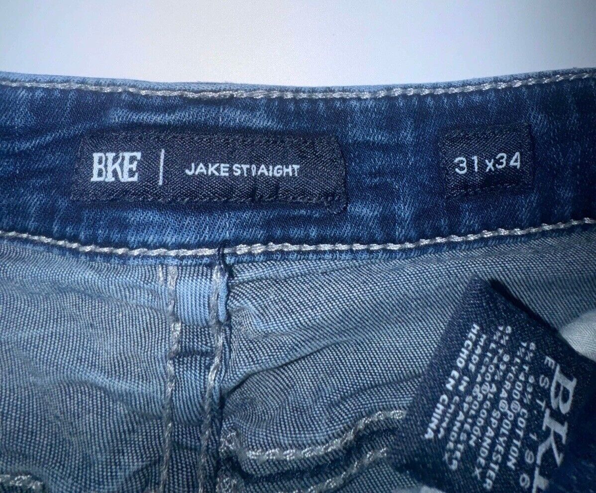 BKE Mens 31 x 34 Jeans Derek Straight Leg Blue Dark Wash Faded High Rise Denim