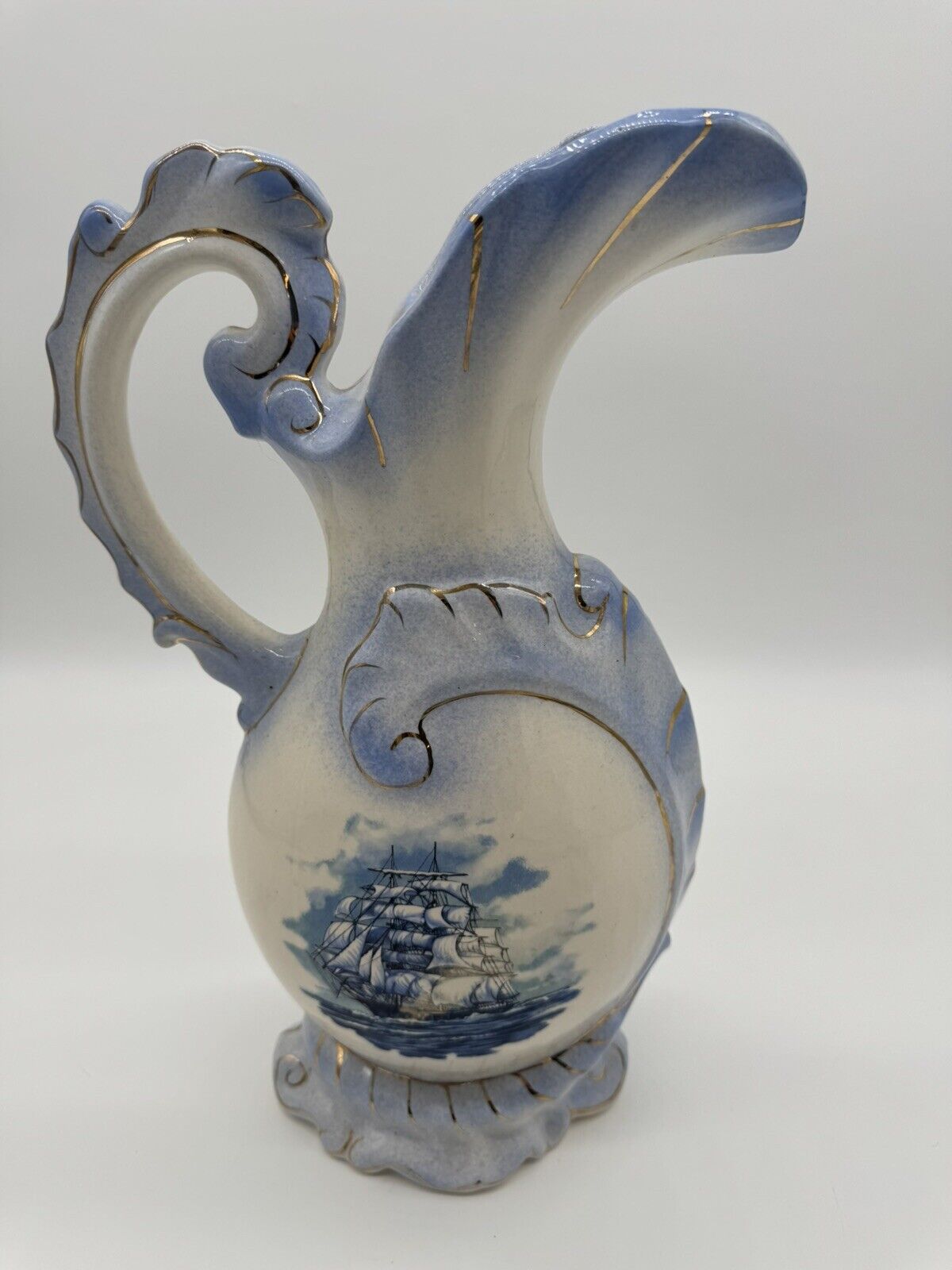 Pair of Vintage McCoy Pottery Pitchers Featuring Blue Nautical Design #73064