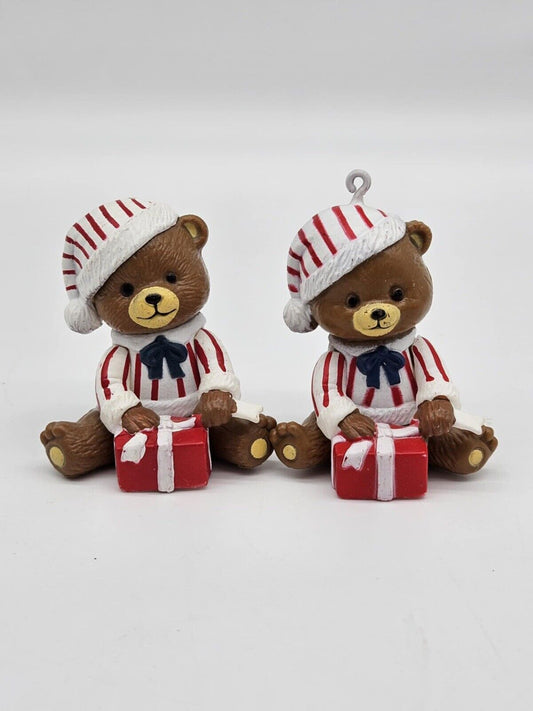 2 Vintage Christmas Teddy Bears In Pajamas With Present Ornament