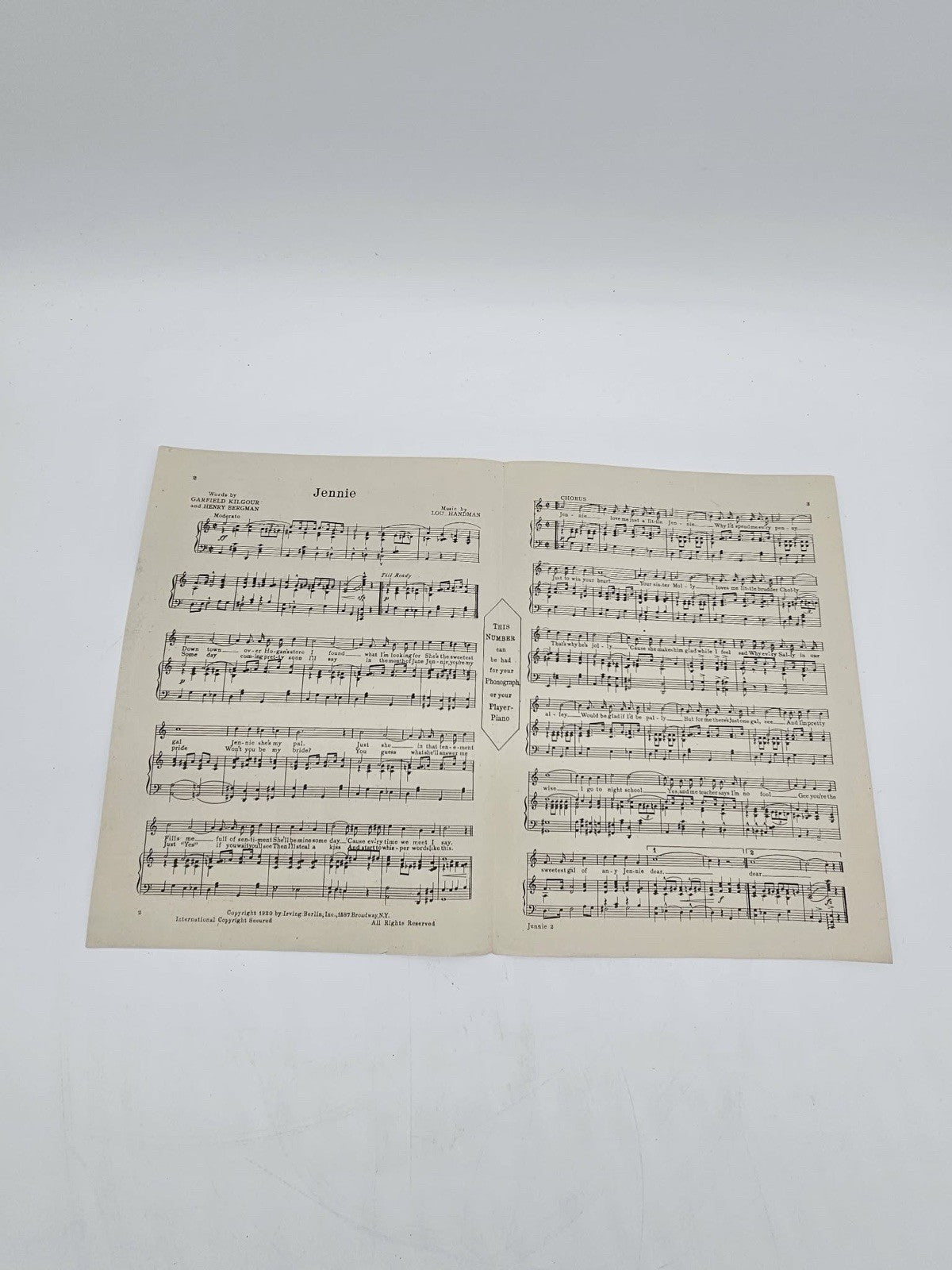 1920 Jennie Sheet Music Garfield Kilgour Henry Bergman Lou Handman Irving Berlin