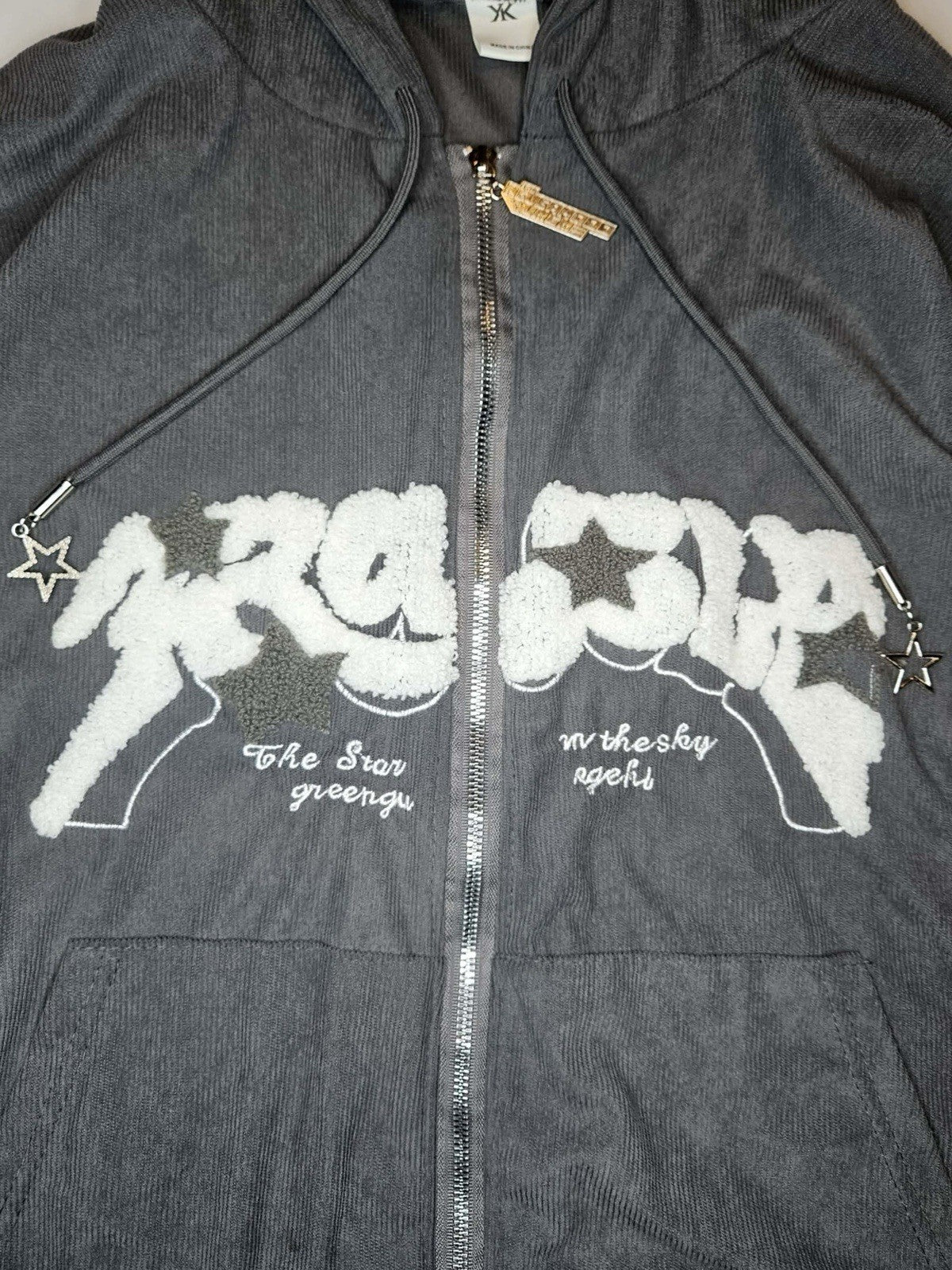 Gray Zip-Up Hoodie Embroidered Star Graphic Women’s Sz S
