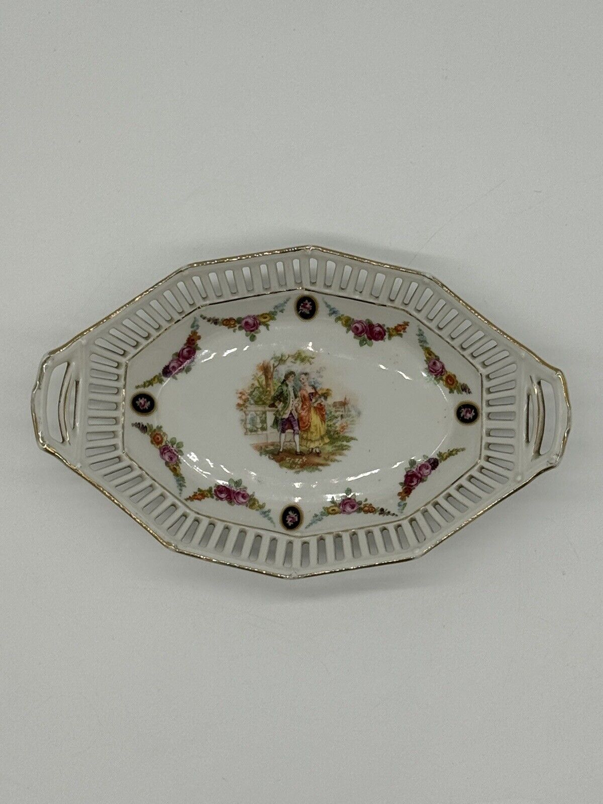 Reticulated German Porcelain Dish White With Gold Trim & Handles Stamped