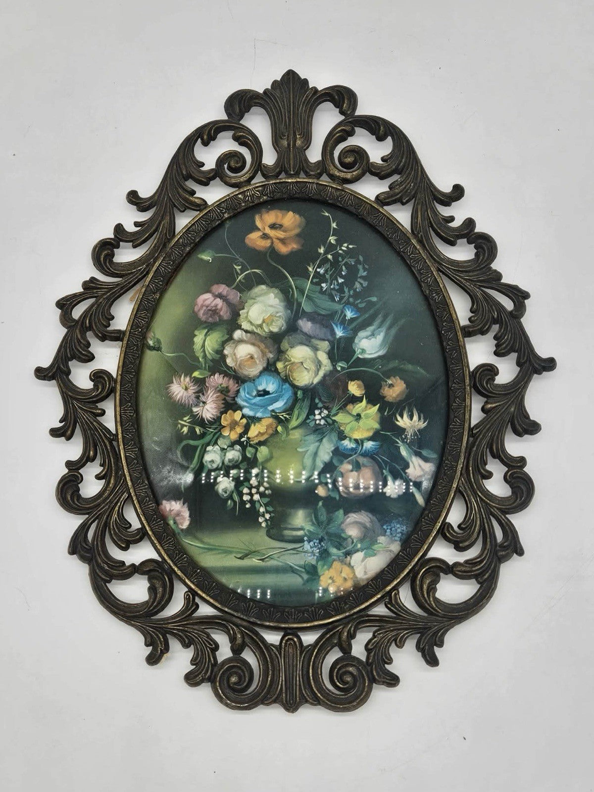 Vintage MCM Brass Ornate Made In ITALY Brass Frame Dark Floral Botanical