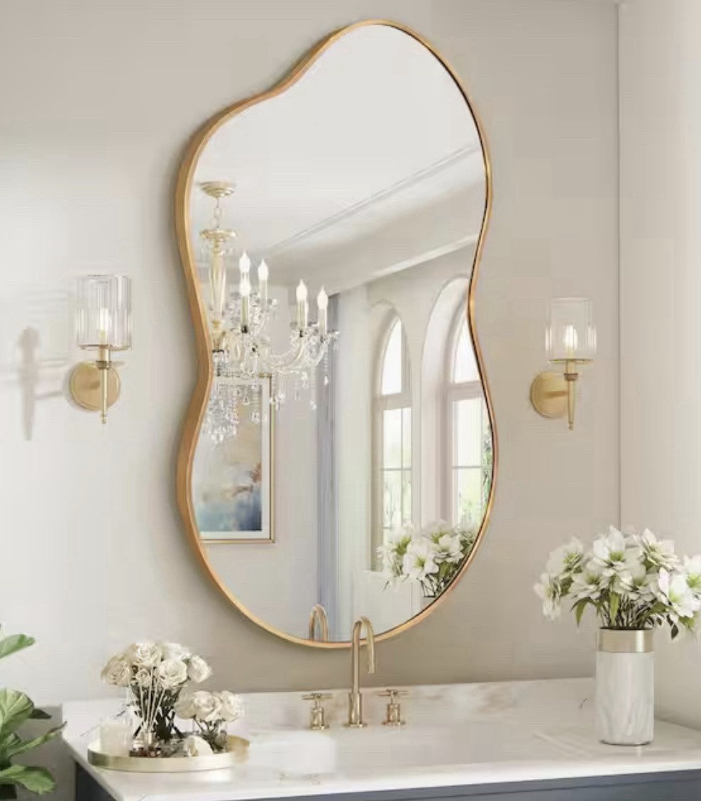 BROOJO Gold Irregular Wall Mirror 27.5" × 34.5" Modern Wavy Accent Mirror