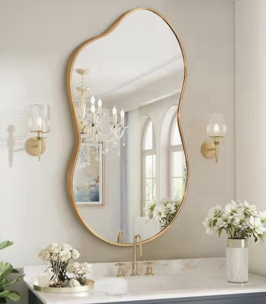 BROOJO Gold Irregular Wall Mirror 27.5" × 34.5" Modern Wavy Accent Mirror