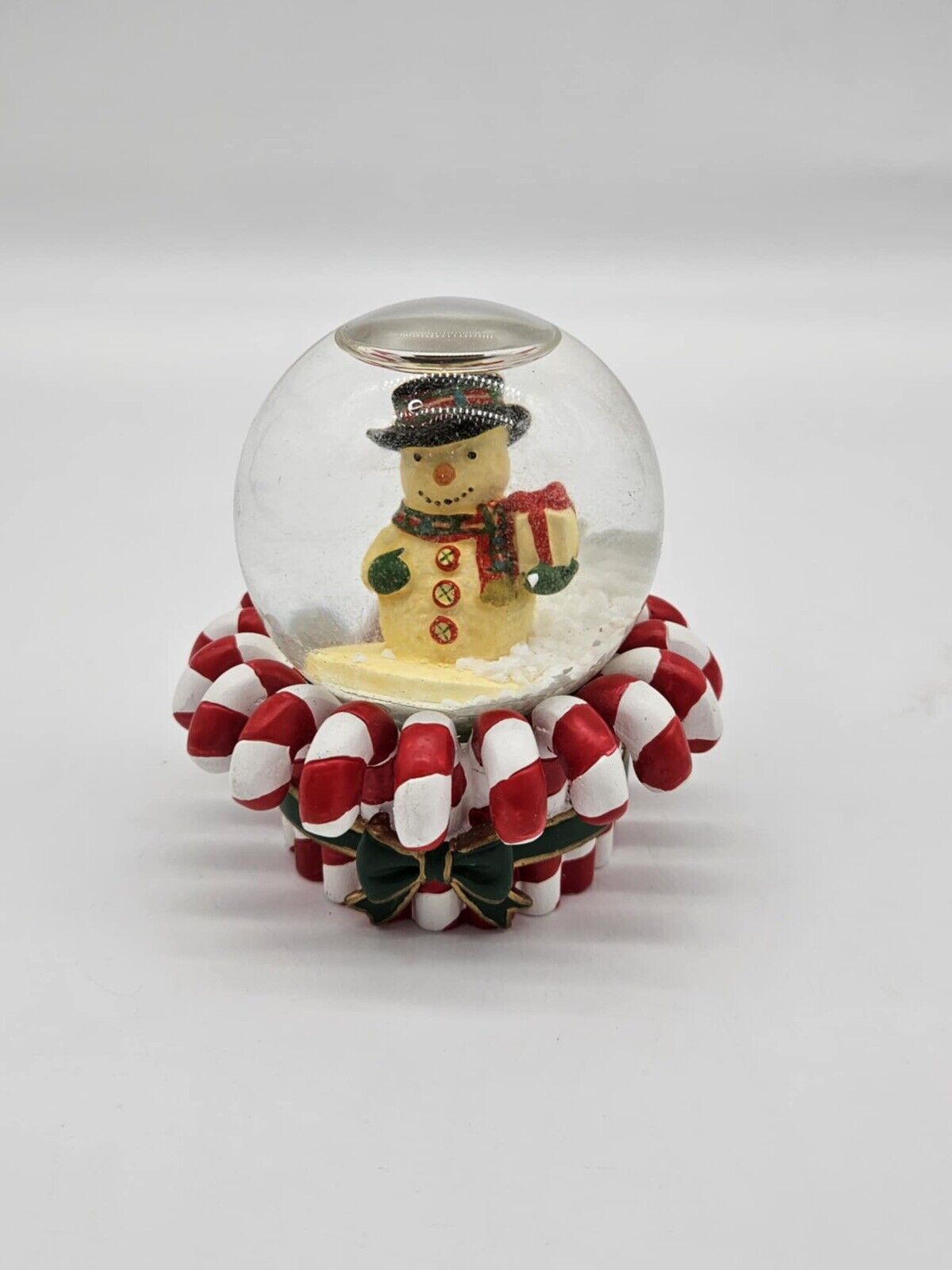 Mini Vintage Christmas Snow Globe Snowman w/ Presents Row of Candy Canes