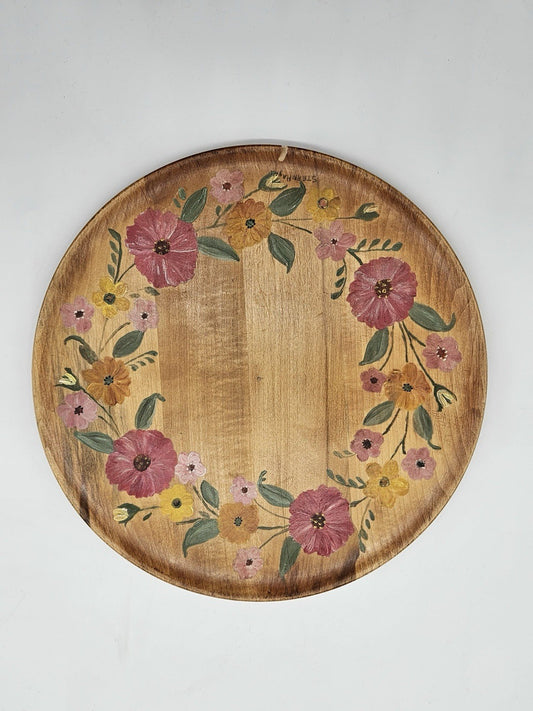 Hand Painted Toleware  Platter Tray Pink Floral and Greens 0n Wood 12"Vintage
