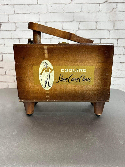 Vintage Esquire Shoe Care Chest Wooden Shoe Shine Carry Box W/ Shining Materials