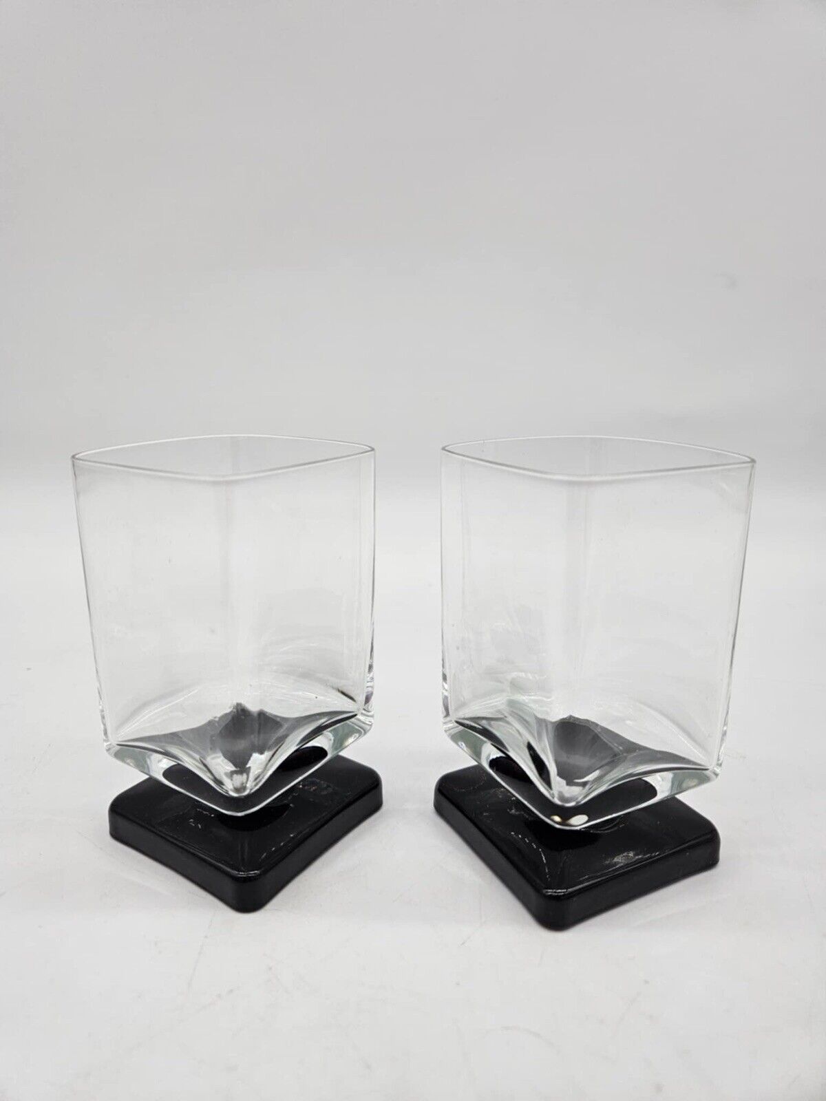 Set/2 DiSaronno Black Base Glass Square Footed Pedestal 4” Rocks Cordial Barware