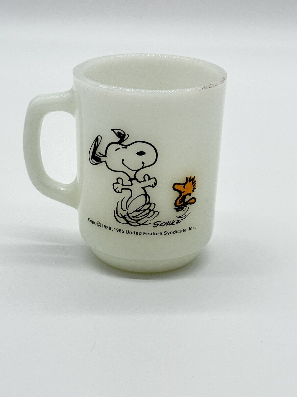 Fire King 1965 Snoopy & Woodstock Mug Milk Glass Coffee Cup