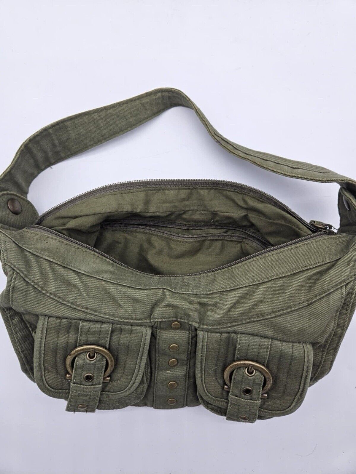 Olive Green Travel Purse Medium Shoulder Many Pockets Nylon Wallet Compartment