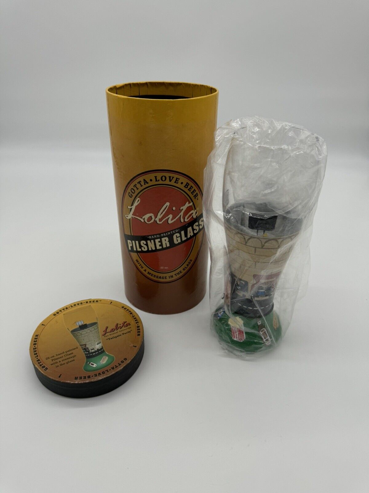 RARE Lolita 22 oz. Pilsner Glass "Tailgate" Hand Painted ~ NEW