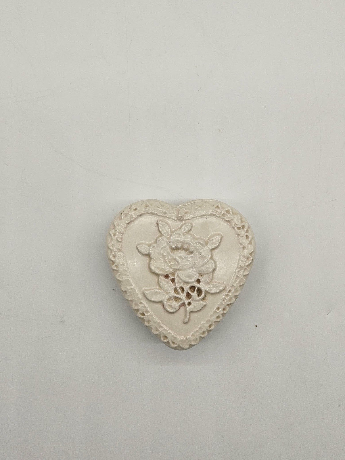 Vintage Ceramic Heart Trinket Box Rose Relief Signed Teresa 1986