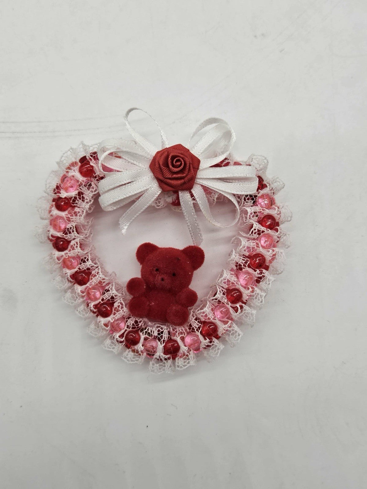 Handmade Valentine Heart Teddy Bear Fridge Magnet Lace Beaded Decor