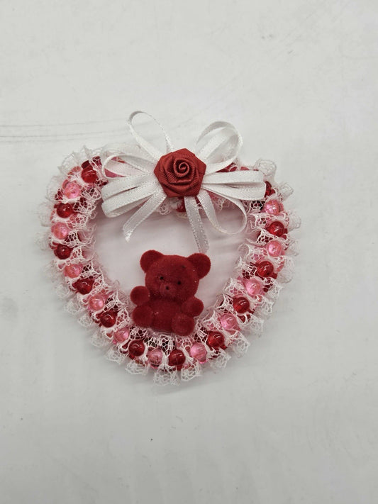 Handmade Valentine Heart Teddy Bear Fridge Magnet Lace Beaded Decor