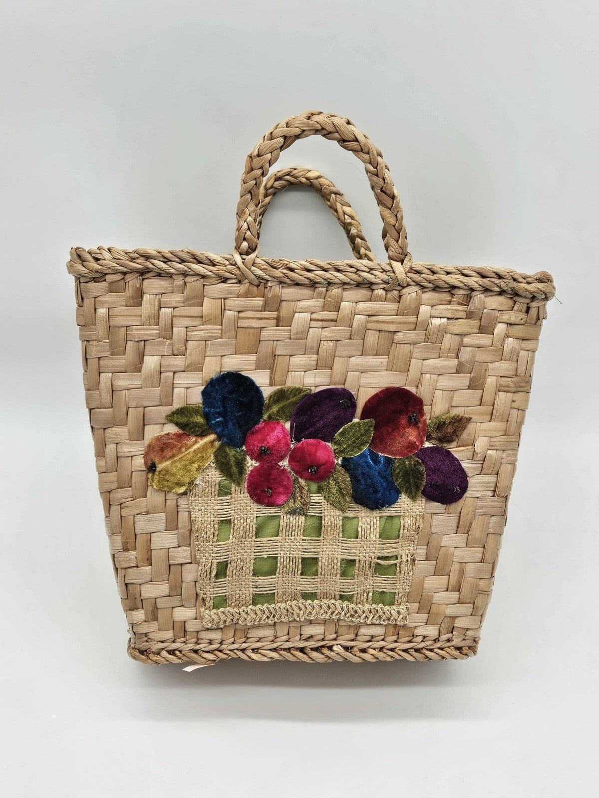 Vintage Large Woven Wicker Purse/Tote/Beach Bag W/ Floral Stitching
