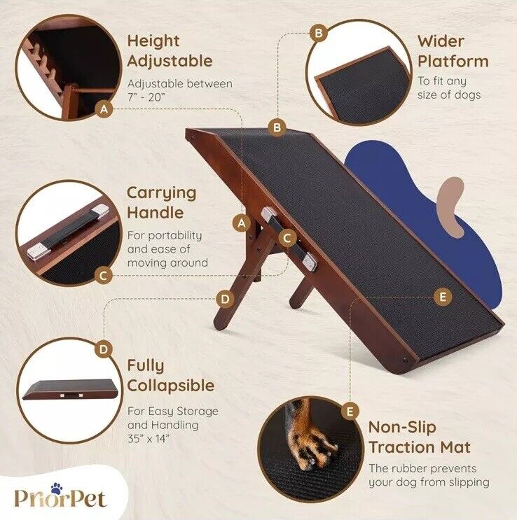 PRIORPET Dog ramp for Couch Birchwood Foldable Dog ramp - Adjustable 7" to 20”