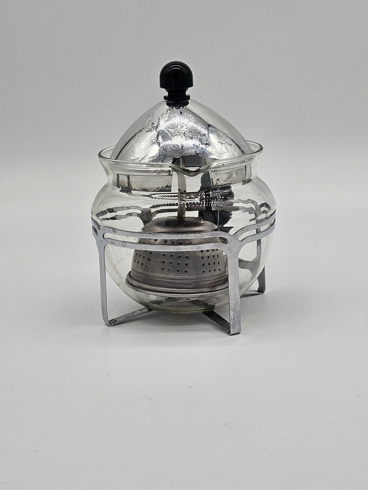 Vintage Glass Teapot Warmer Set Tea Infuser Stand Chrome Frame