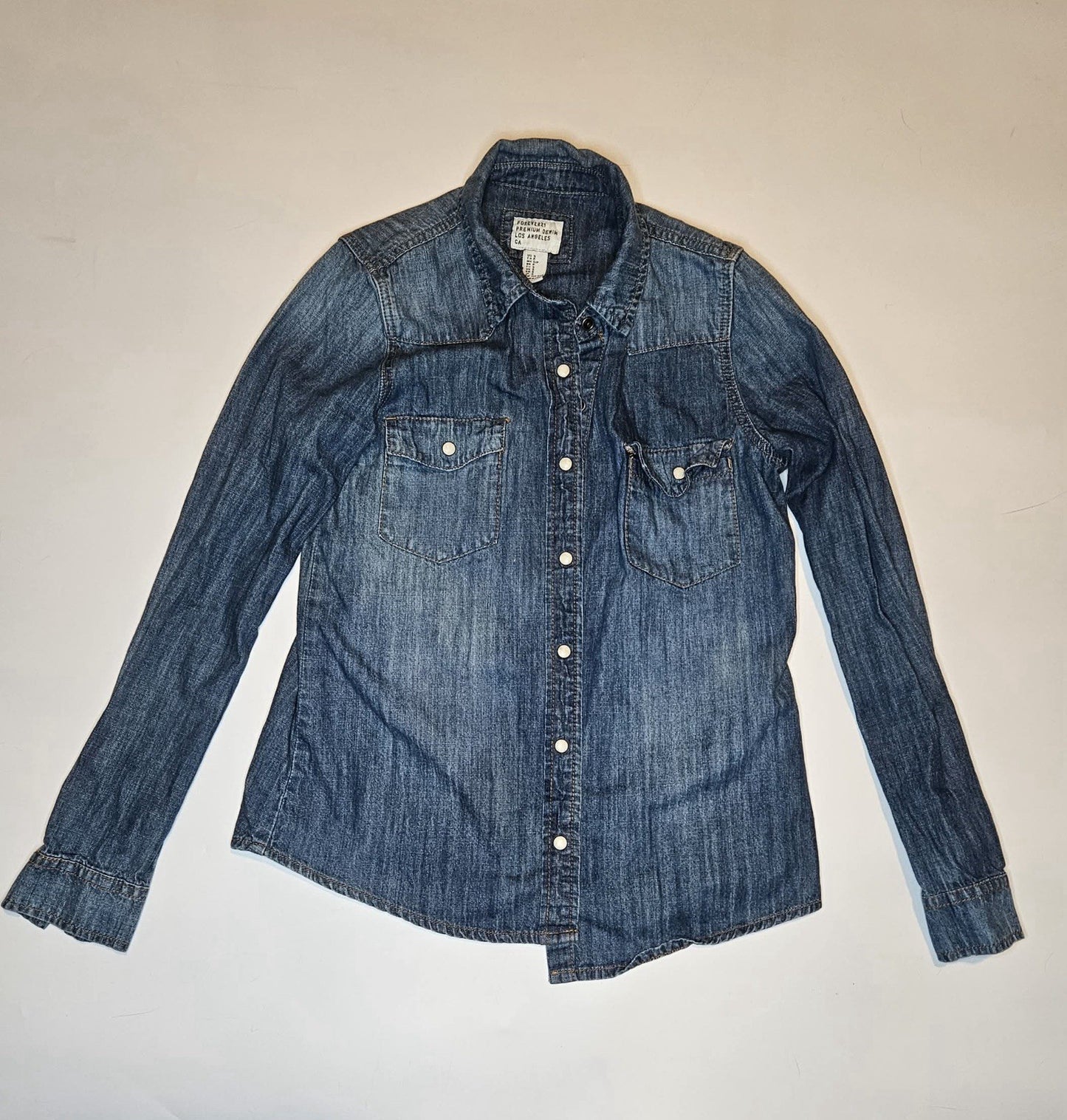 Forever 21 Premium Denim Button Front Shirt Jacket Womens Small Blue Jean Top