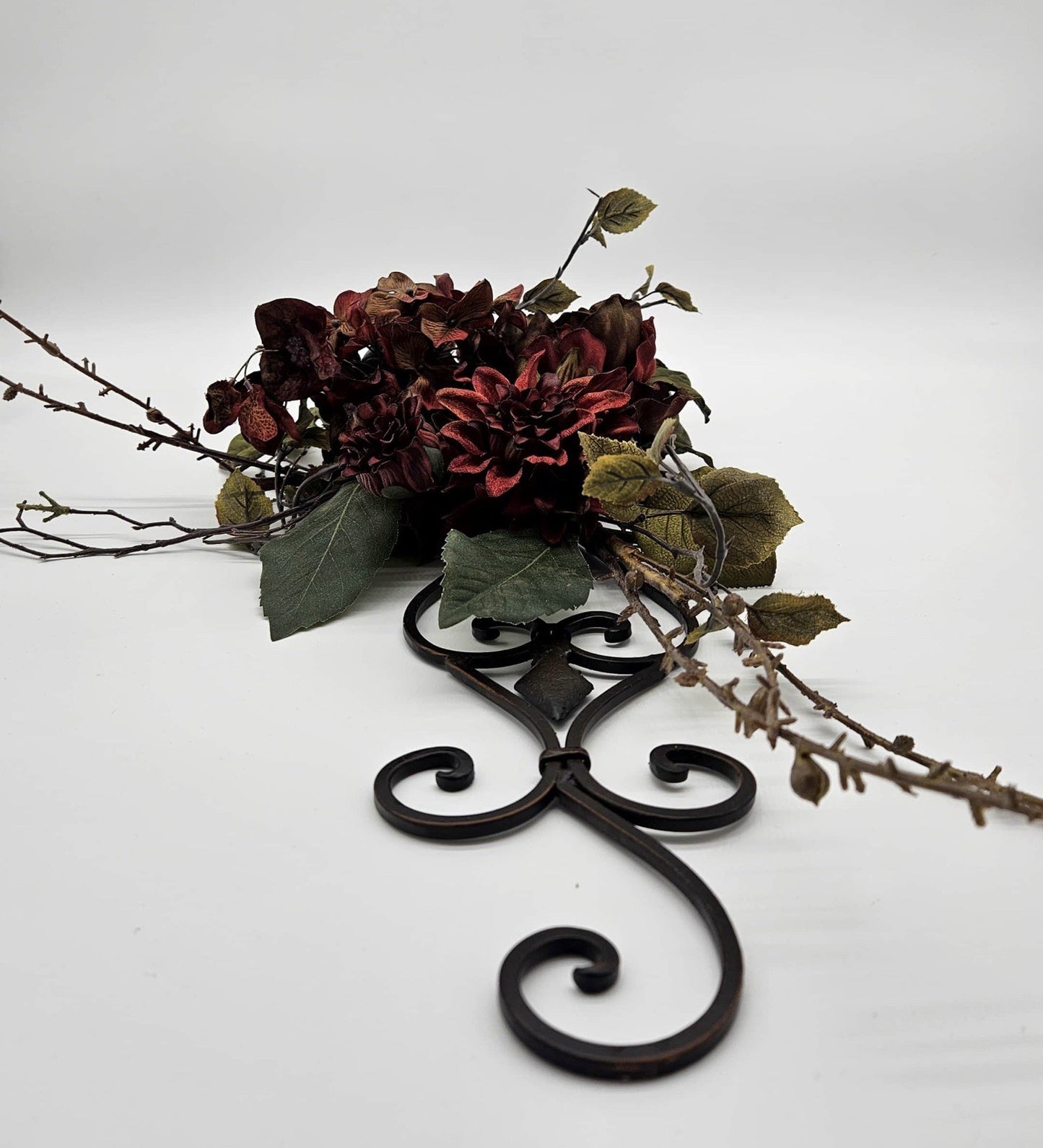 Metal Scroll Wall Décor with Faux Floral Arrangement Burgundy Red Fall Swag