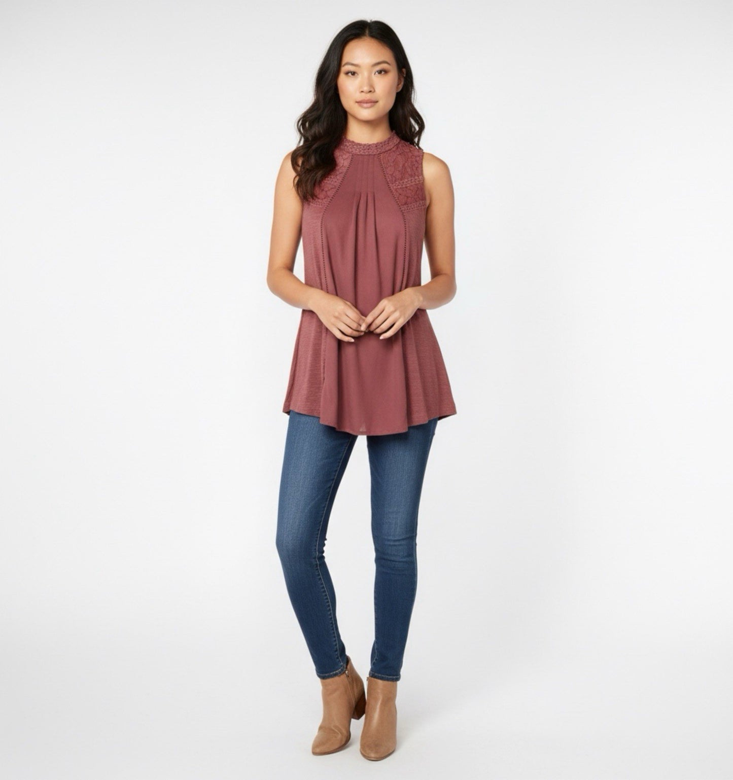 Skylar + Jade Mauve Lace Mock Neck Sleeveless Tunic Top Size S
