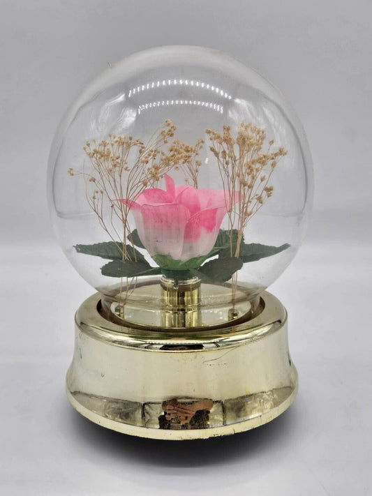 Vintage Gold Tone Glass Globe Spinning Neon Pink Rose Music Box Memory -Read