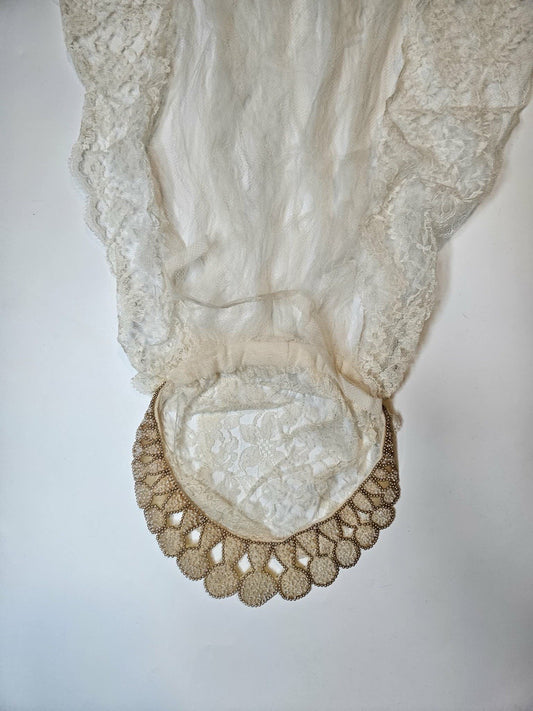 Antique Victorian Lace Bridal Veil with Satin Cap Ivory Cream