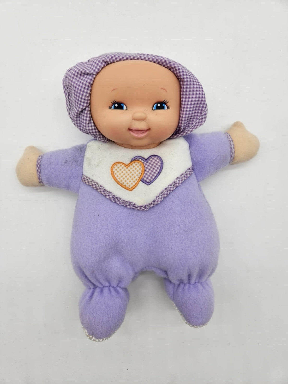 VTG Fuzzy Fleece Bay Doll Purple Hearts Blue Eyes Hard Face Plush 11" Toy