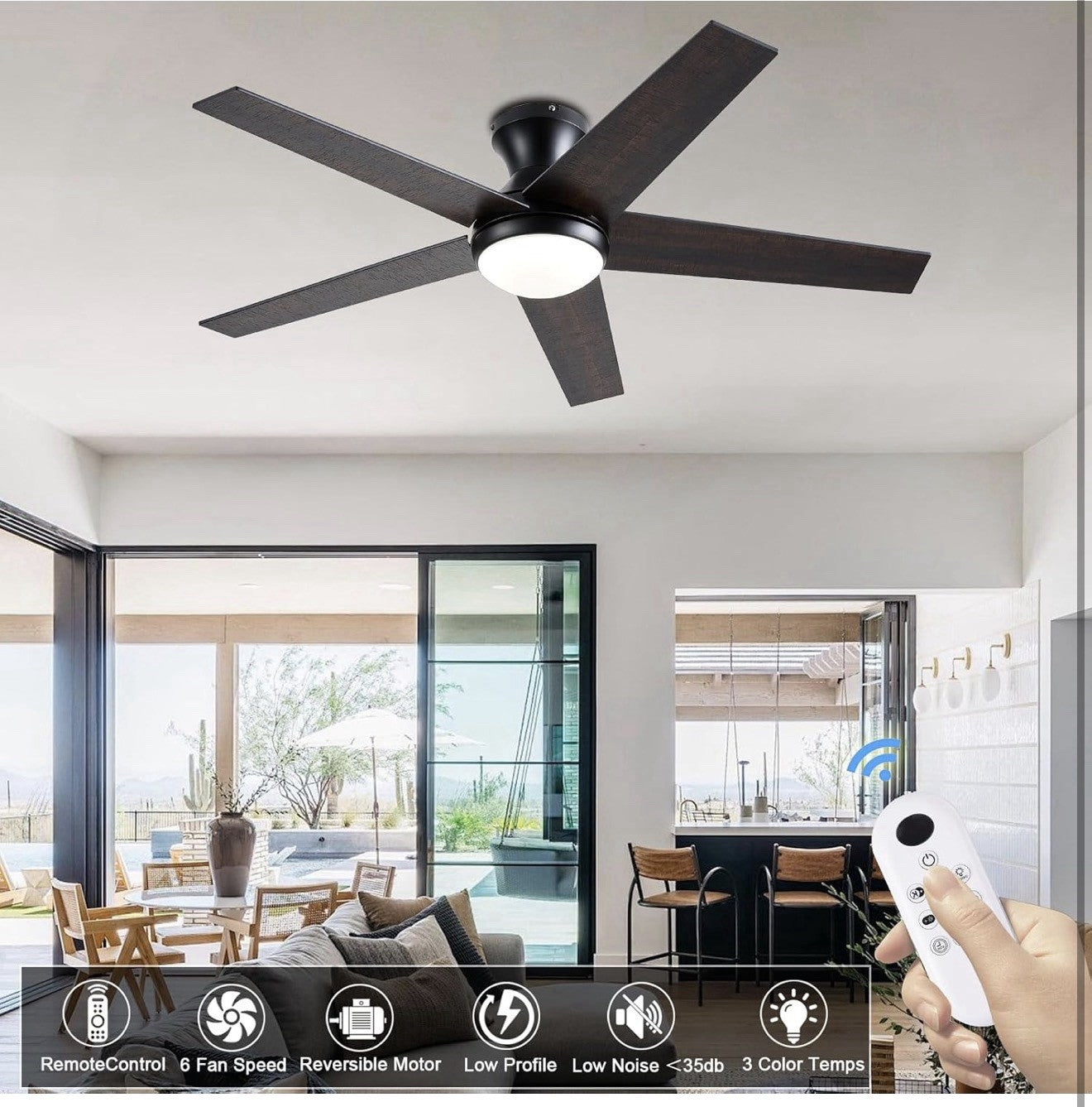 56Inch Black Ceiling Fans with Lights and Remote/App Control, Dimmable LED, Reve
