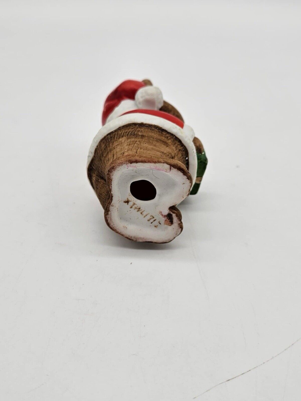 Lefton Christmas Bear Red Santa Suit Holding Green Present Figurine Vintage 3"H