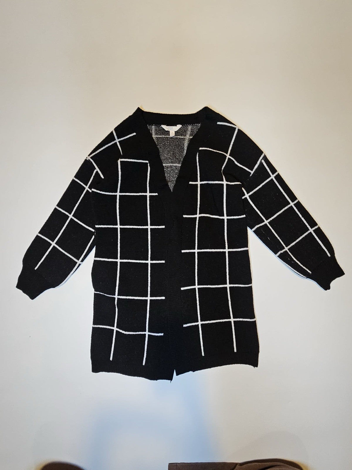 Time and Tru Black White Grid Open Cardigan Women’s S