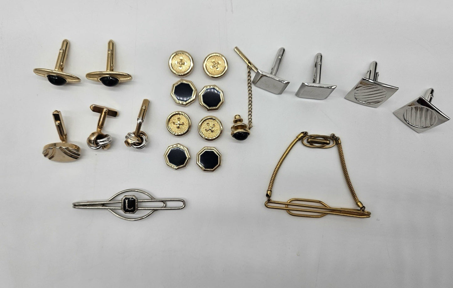 Vintage Men’s Cufflink & Tie Bar Set in Original Box Art Deco Style Gold Tone
