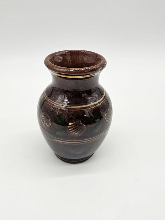 Vintage Polish Pottery Brown Glazed Vase Folk Art Ceramic