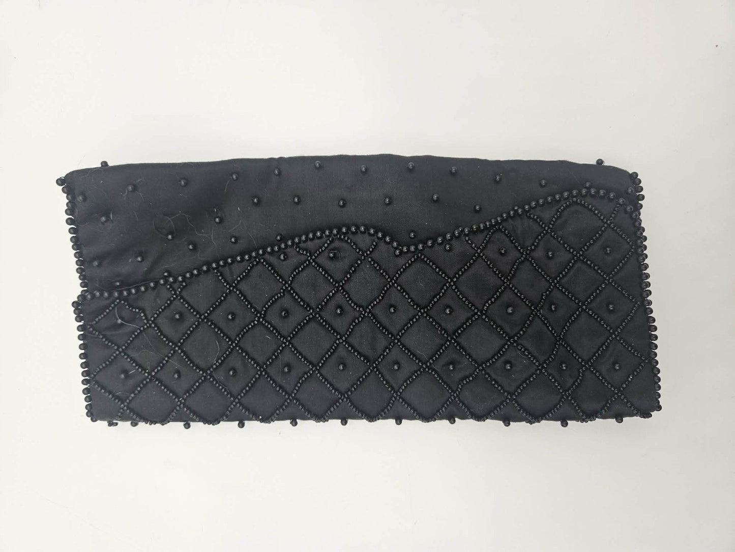 Vintage Black Beaded Satin Evening Clutch Purse Handbag Formal