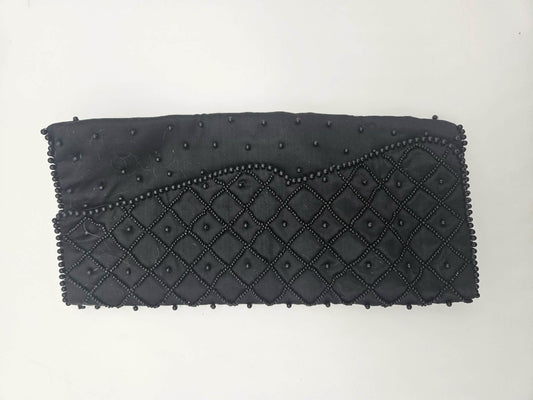 Vintage Black Beaded Satin Evening Clutch Purse Handbag Formal