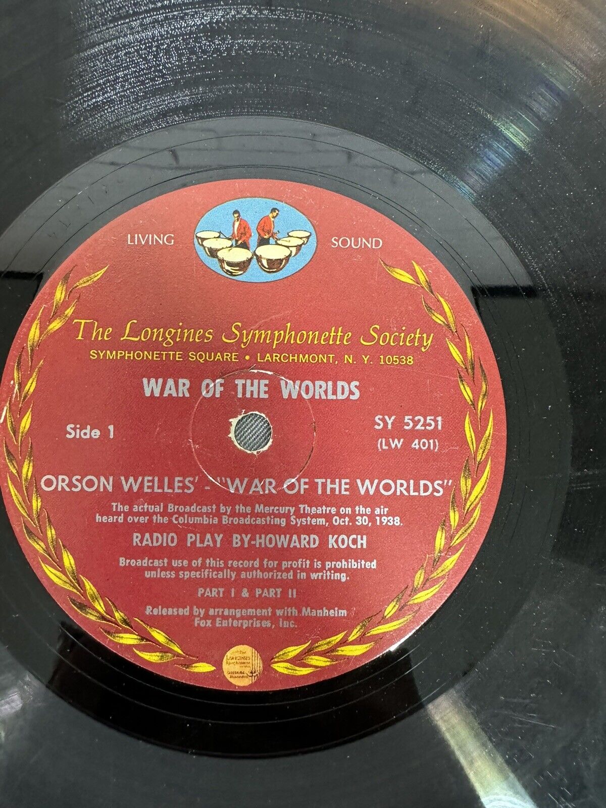 Orson Welles War of the Worlds Broadcast by The Mercury Theatre Vinyl LP SY 5251
