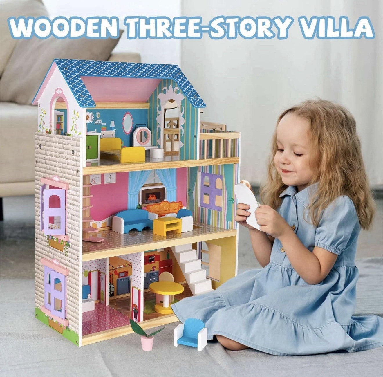 Wooden Dollhouse for Girls with Furniture & Accessories, Playset, Pretend Hou...