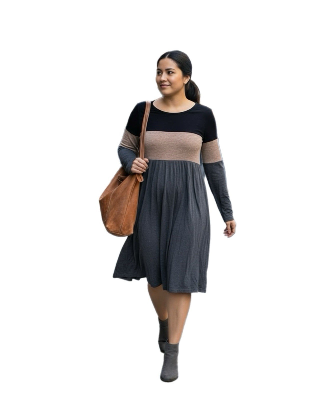Beasland Women’s Colorblock Long Sleeve Knit Dress Black Gray Tan Size M